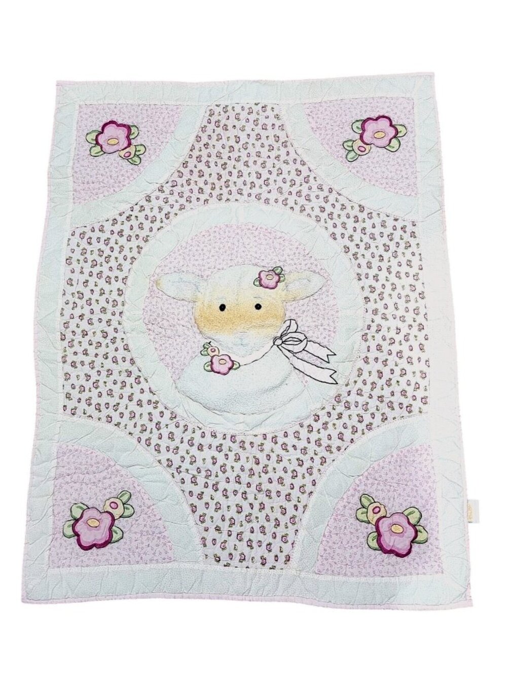 Mary Engelbreit Appliquéd Lamb Baby Quilt 39x30" Wall Hanging Vintage flowers